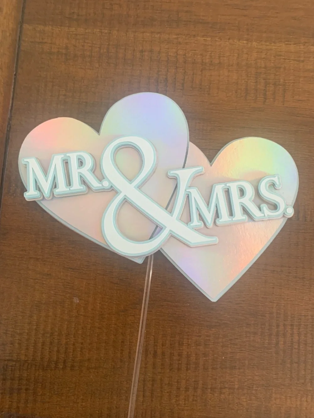 MR. & MRS. Iridescent Heart Cake Topper - Light Blue White Silver
